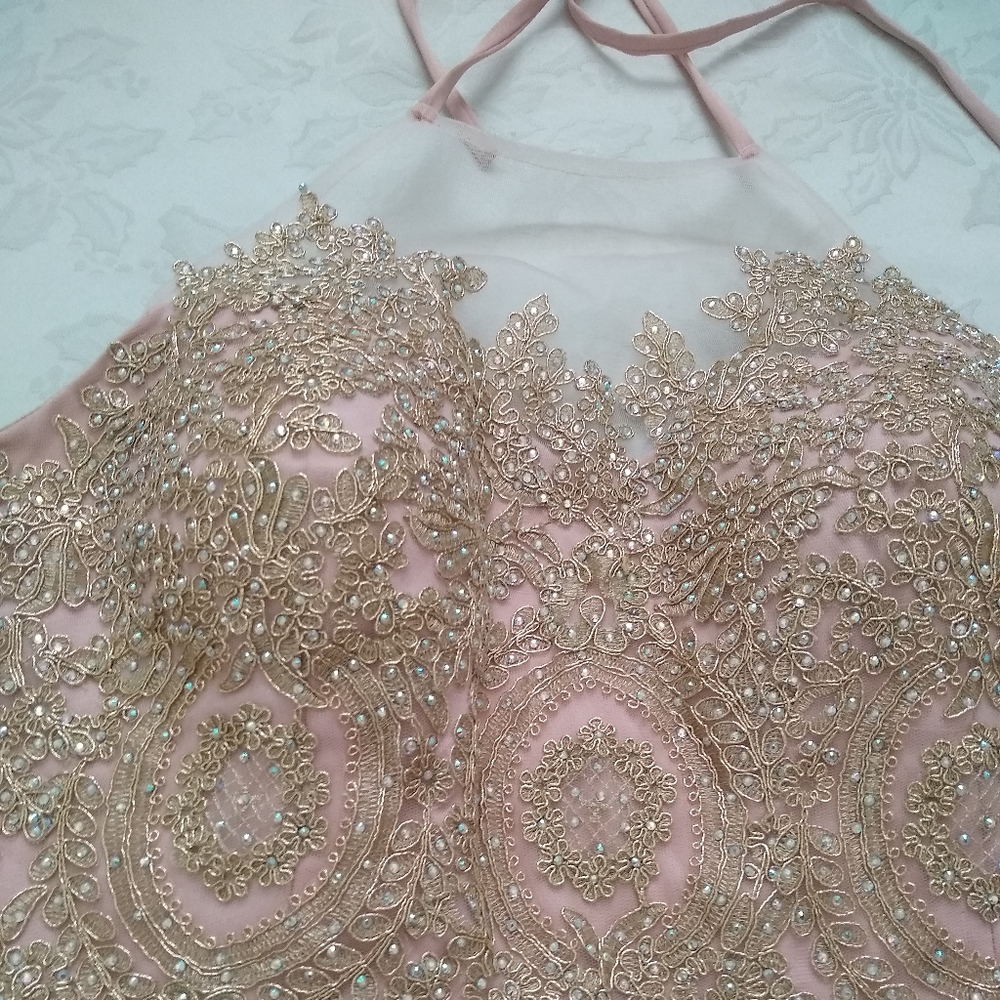 New🎀Jolene halter Open Back Rose pink gold embroidered beaded jewelled - Picture 8 of 11